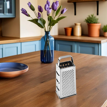 Multifunctional 4-Sides Box Grater Stainless Steel Kitchen Gadget for Cheese Vegetable Fruit Grating and Slicing with Comfortable Grip Compact 9.64X4.17X3.14 Inch