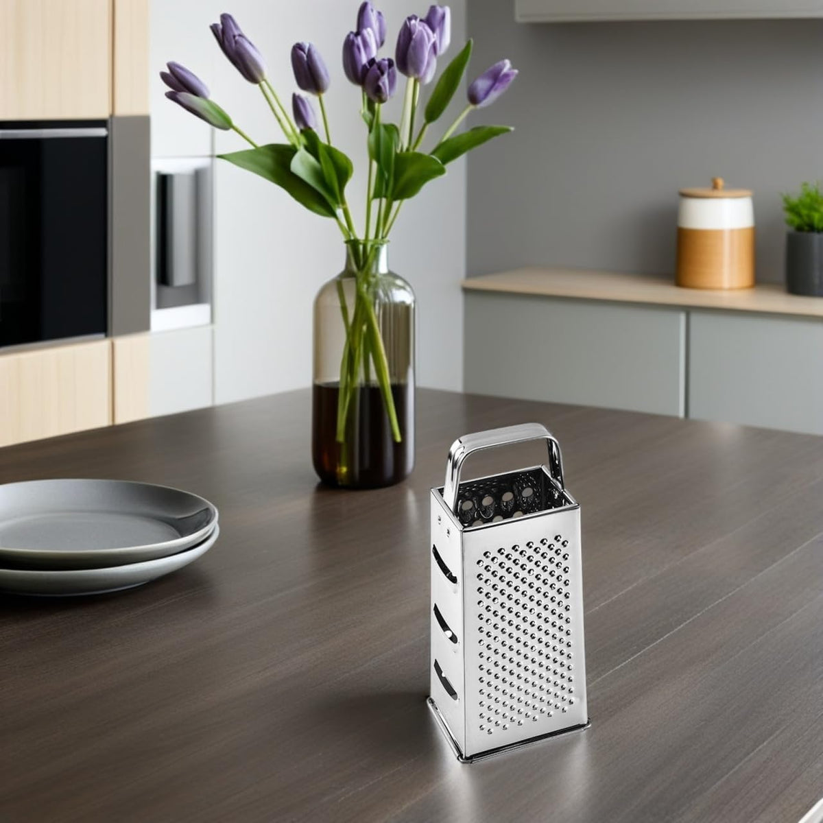 Multifunctional 4-Sides Box Grater Stainless Steel Kitchen Gadget for Cheese Vegetable Fruit Grating and Slicing with Comfortable Grip Compact 9.64X4.17X3.14 Inch