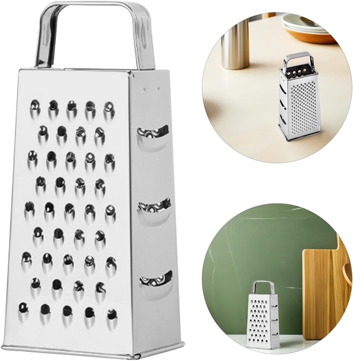 Multifunctional 4-Sides Box Grater Stainless Steel Kitchen Gadget for Cheese Vegetable Fruit Grating and Slicing with Comfortable Grip Compact 9.64X4.17X3.14 Inch