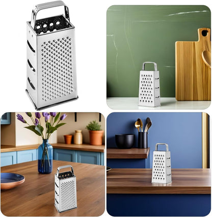Multifunctional 4-Sides Box Grater Stainless Steel Kitchen Gadget for Cheese Vegetable Fruit Grating and Slicing with Comfortable Grip Compact 9.64X4.17X3.14 Inch