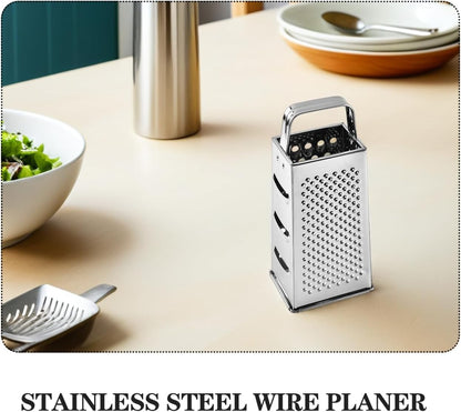Multifunctional 4-Sides Box Grater Stainless Steel Kitchen Gadget for Cheese Vegetable Fruit Grating and Slicing with Comfortable Grip Compact 9.64X4.17X3.14 Inch