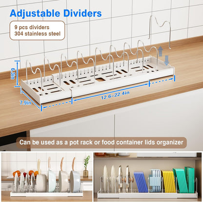 2 Pack Pots and Pans Organizer Under Cabinet, 22" Expandable Food Storage Container Lid Organizers with 9 Adjustable Dividers Pot and Pan Lid Holders Rack Inside Cabinet/Countertop(White)