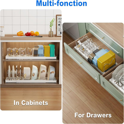 2 Pack Pots and Pans Organizer Under Cabinet, 22" Expandable Food Storage Container Lid Organizers with 9 Adjustable Dividers Pot and Pan Lid Holders Rack Inside Cabinet/Countertop(White)
