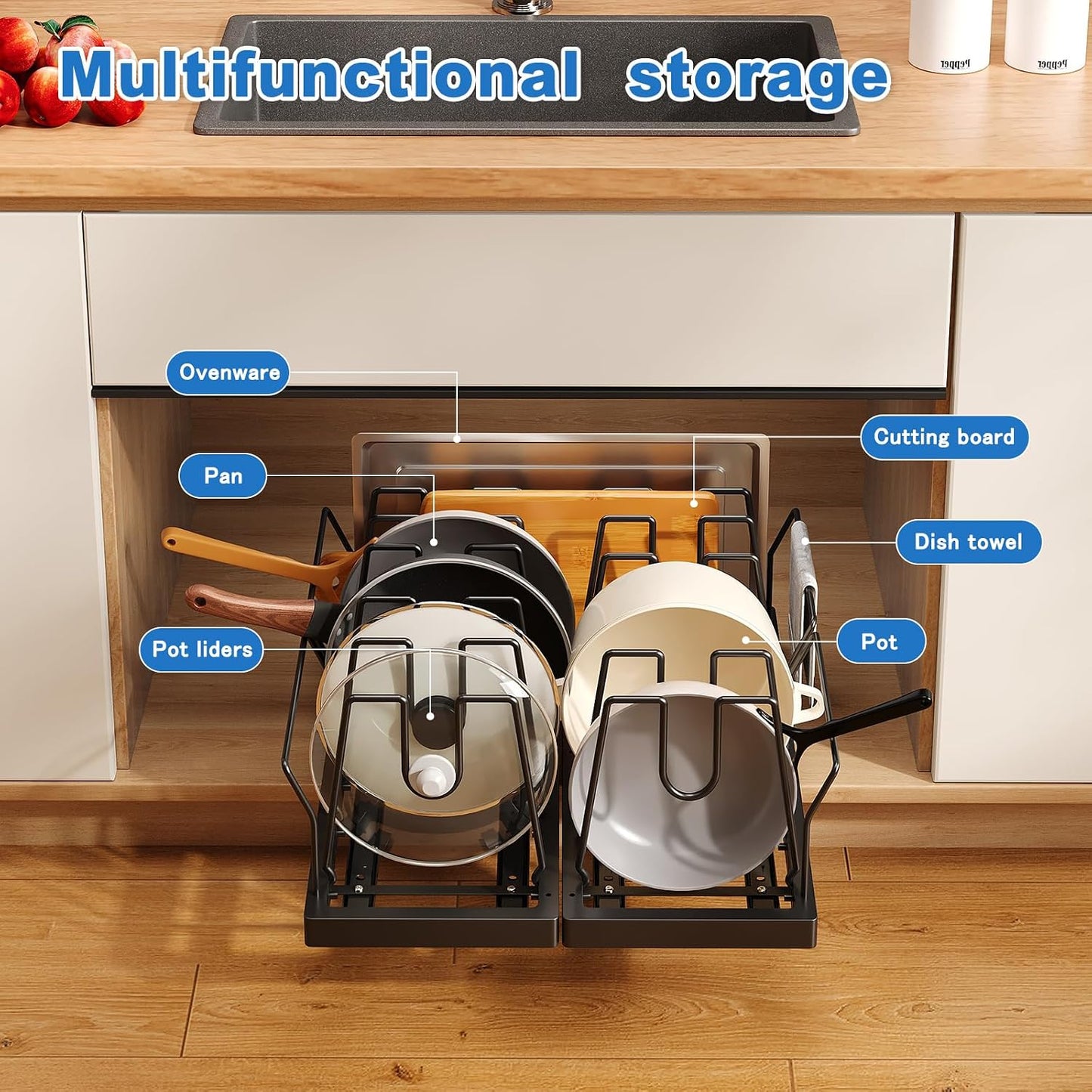 2 Pack Pots and Pans Organizer Under Cabinet, 22" Expandable Food Storage Container Lid Organizers with 9 Adjustable Dividers Pot and Pan Lid Holders Rack Inside Cabinet/Countertop(White)