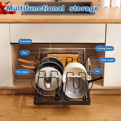 2 Pack Pots and Pans Organizer Under Cabinet, 22" Expandable Food Storage Container Lid Organizers with 9 Adjustable Dividers Pot and Pan Lid Holders Rack Inside Cabinet/Countertop(White)
