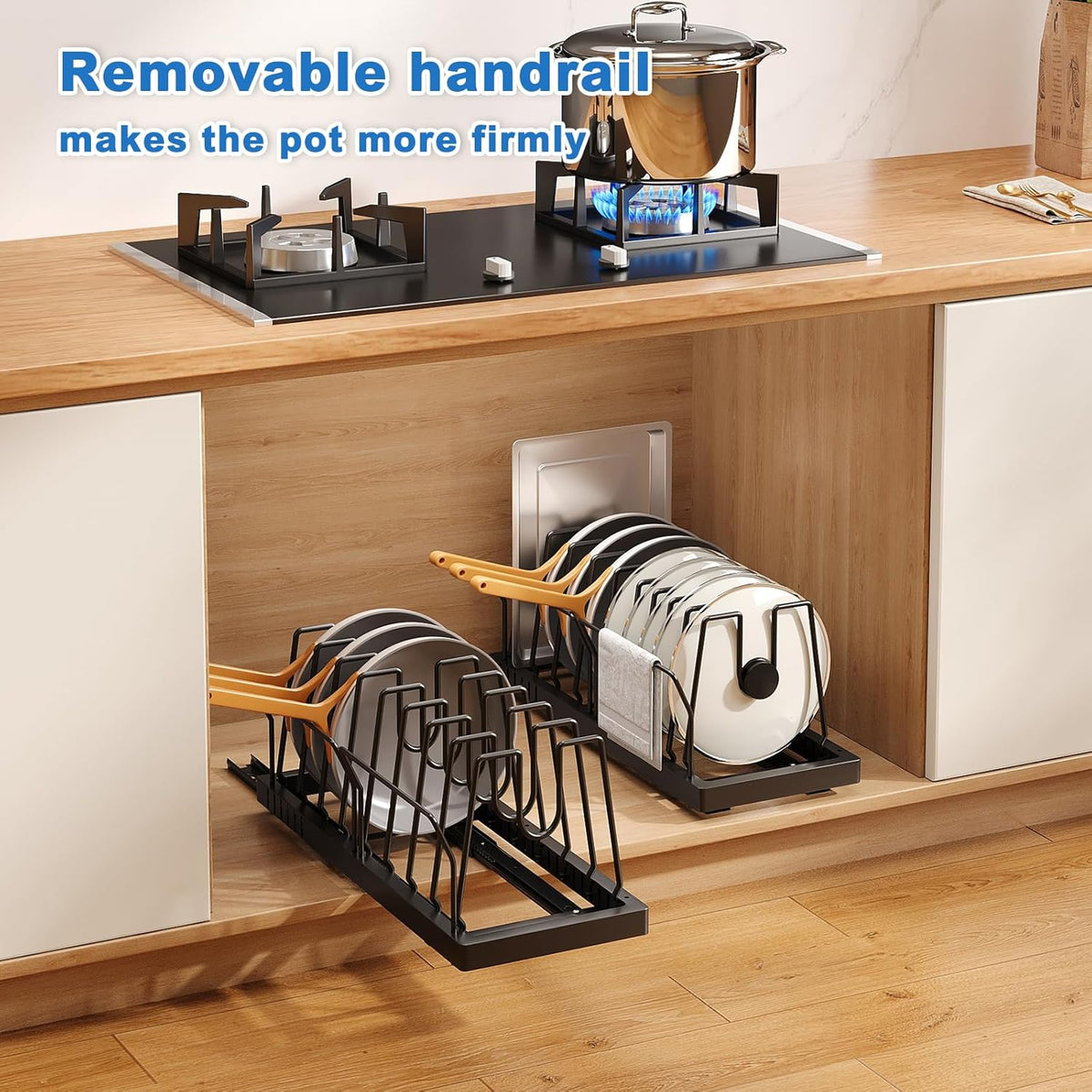 2 Pack Pots and Pans Organizer Under Cabinet, 22" Expandable Food Storage Container Lid Organizers with 9 Adjustable Dividers Pot and Pan Lid Holders Rack Inside Cabinet/Countertop(White)