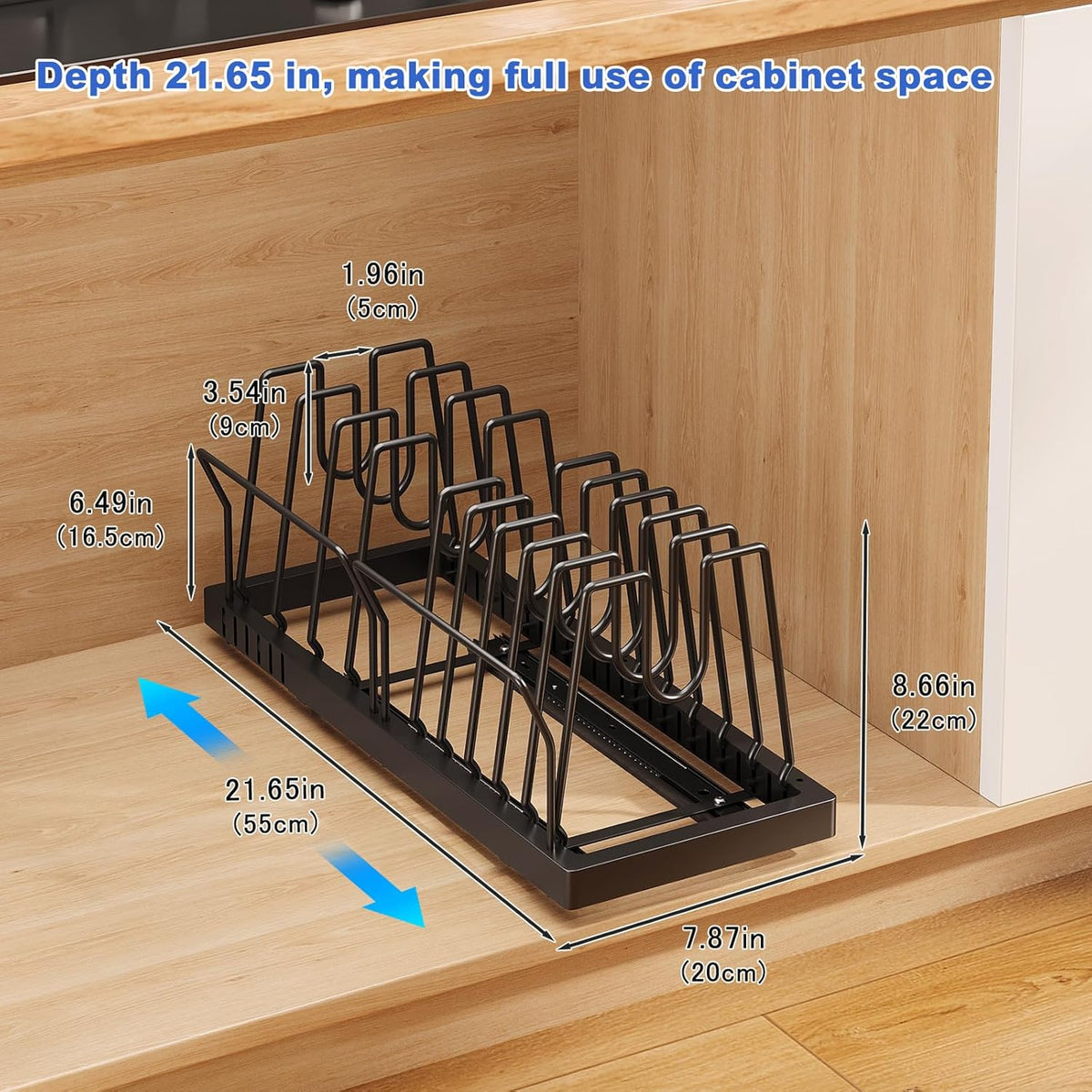 2 Pack Pots and Pans Organizer Under Cabinet, 22" Expandable Food Storage Container Lid Organizers with 9 Adjustable Dividers Pot and Pan Lid Holders Rack Inside Cabinet/Countertop(White)