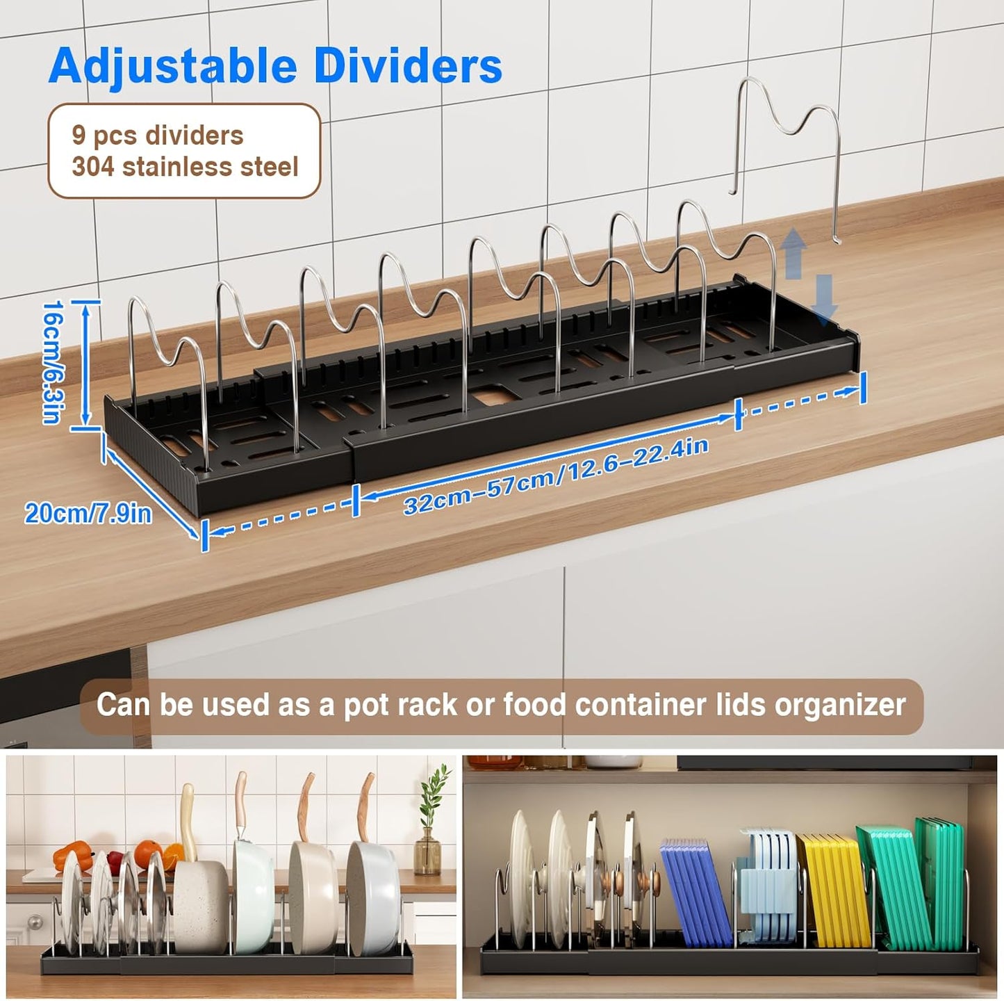 2 Pack Pots and Pans Organizer Under Cabinet, 22" Expandable Food Storage Container Lid Organizers with 9 Adjustable Dividers Pot and Pan Lid Holders Rack Inside Cabinet/Countertop(White)