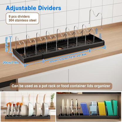 2 Pack Pots and Pans Organizer Under Cabinet, 22" Expandable Food Storage Container Lid Organizers with 9 Adjustable Dividers Pot and Pan Lid Holders Rack Inside Cabinet/Countertop(White)