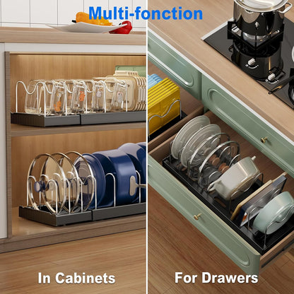 2 Pack Pots and Pans Organizer Under Cabinet, 22" Expandable Food Storage Container Lid Organizers with 9 Adjustable Dividers Pot and Pan Lid Holders Rack Inside Cabinet/Countertop(White)