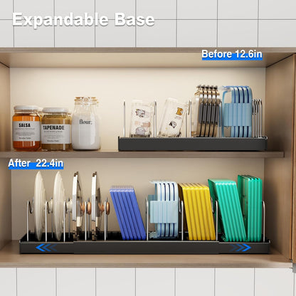 2 Pack Pots and Pans Organizer Under Cabinet, 22" Expandable Food Storage Container Lid Organizers with 9 Adjustable Dividers Pot and Pan Lid Holders Rack Inside Cabinet/Countertop(White)