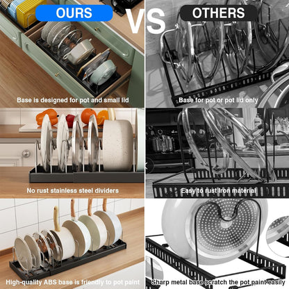 2 Pack Pots and Pans Organizer Under Cabinet, 22" Expandable Food Storage Container Lid Organizers with 9 Adjustable Dividers Pot and Pan Lid Holders Rack Inside Cabinet/Countertop(White)