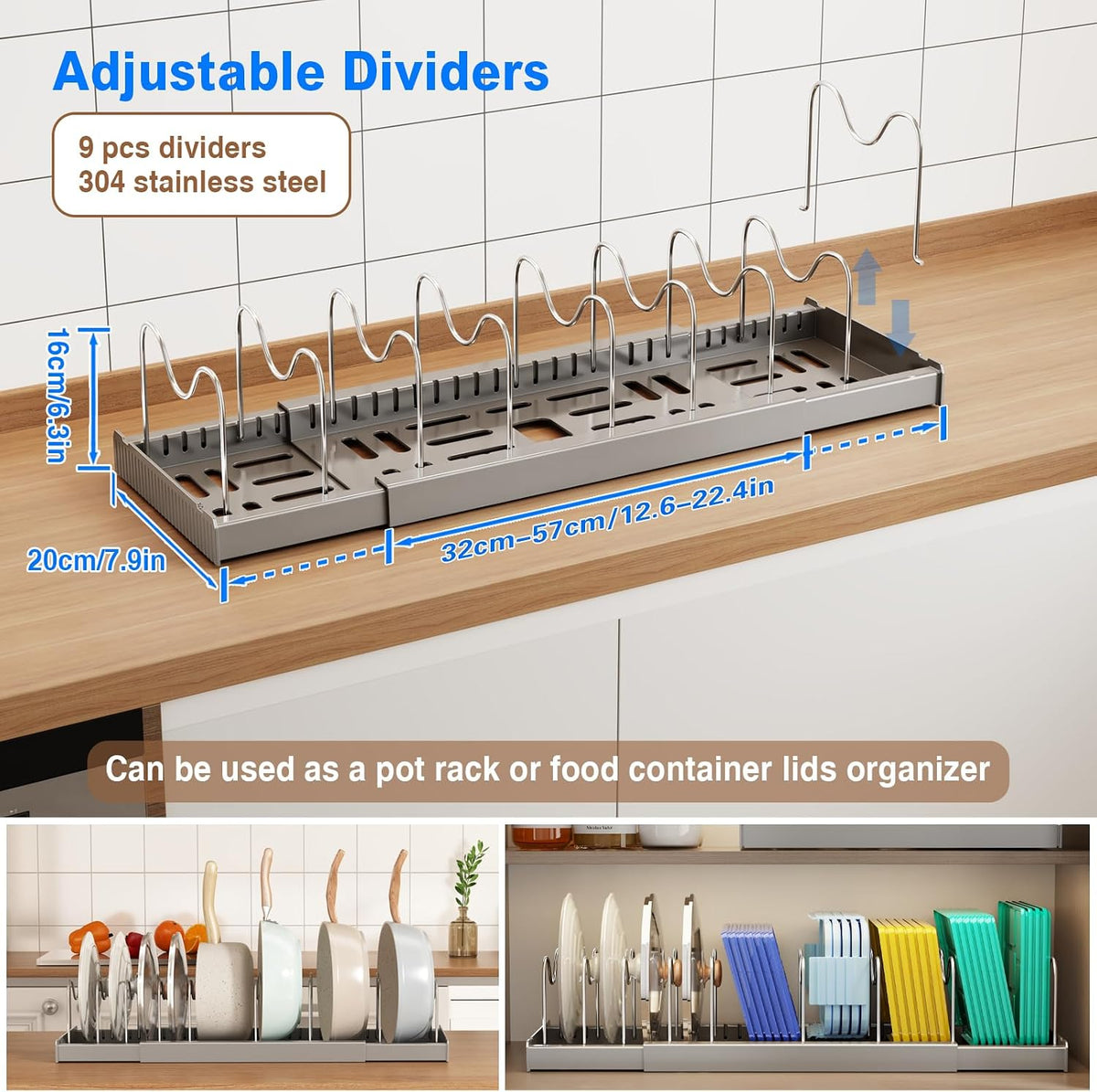 2 Pack Pots and Pans Organizer Under Cabinet, 22" Expandable Food Storage Container Lid Organizers with 9 Adjustable Dividers Pot and Pan Lid Holders Rack Inside Cabinet/Countertop(White)