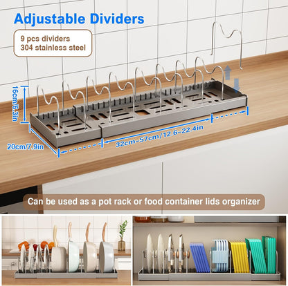 2 Pack Pots and Pans Organizer Under Cabinet, 22" Expandable Food Storage Container Lid Organizers with 9 Adjustable Dividers Pot and Pan Lid Holders Rack Inside Cabinet/Countertop(White)