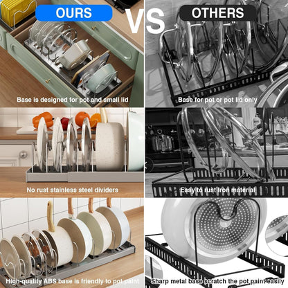 2 Pack Pots and Pans Organizer Under Cabinet, 22" Expandable Food Storage Container Lid Organizers with 9 Adjustable Dividers Pot and Pan Lid Holders Rack Inside Cabinet/Countertop(White)