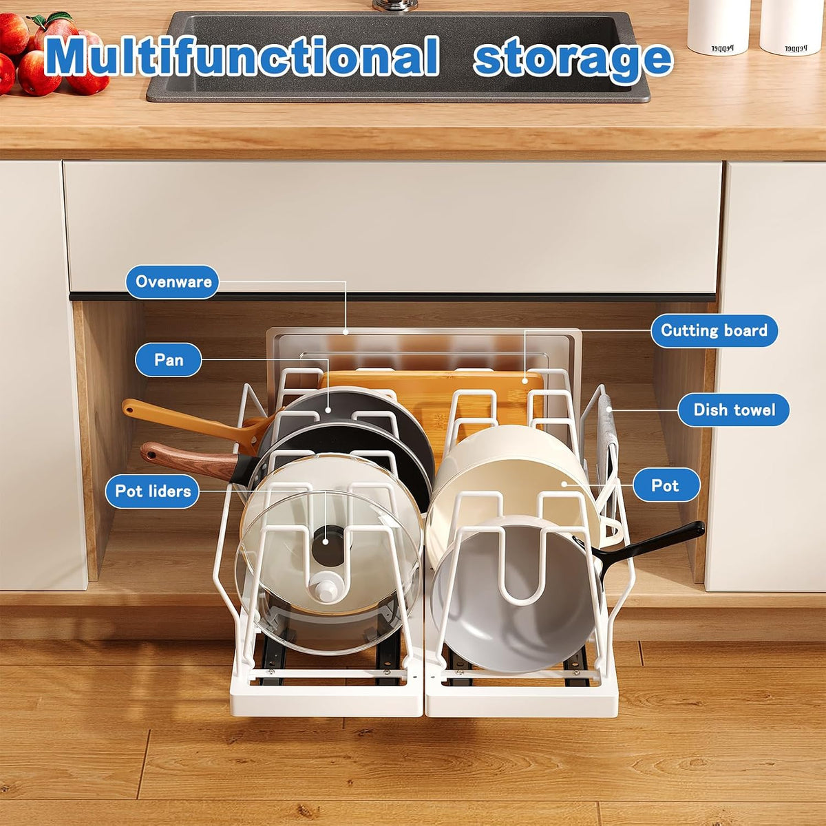 2 Pack Pots and Pans Organizer Under Cabinet, 22" Expandable Food Storage Container Lid Organizers with 9 Adjustable Dividers Pot and Pan Lid Holders Rack Inside Cabinet/Countertop(White)