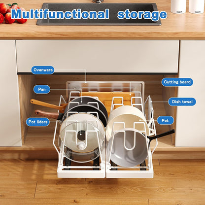 2 Pack Pots and Pans Organizer Under Cabinet, 22" Expandable Food Storage Container Lid Organizers with 9 Adjustable Dividers Pot and Pan Lid Holders Rack Inside Cabinet/Countertop(White)