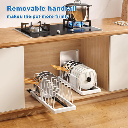 2 Pack Pots and Pans Organizer Under Cabinet, 22" Expandable Food Storage Container Lid Organizers with 9 Adjustable Dividers Pot and Pan Lid Holders Rack Inside Cabinet/Countertop(White)