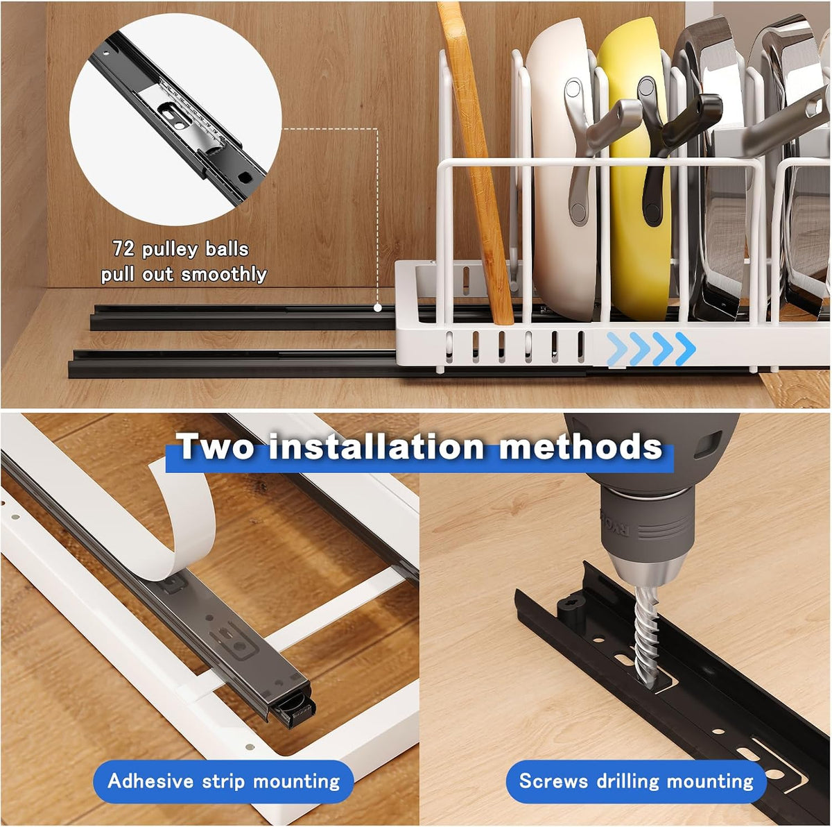 2 Pack Pots and Pans Organizer Under Cabinet, 22" Expandable Food Storage Container Lid Organizers with 9 Adjustable Dividers Pot and Pan Lid Holders Rack Inside Cabinet/Countertop(White)