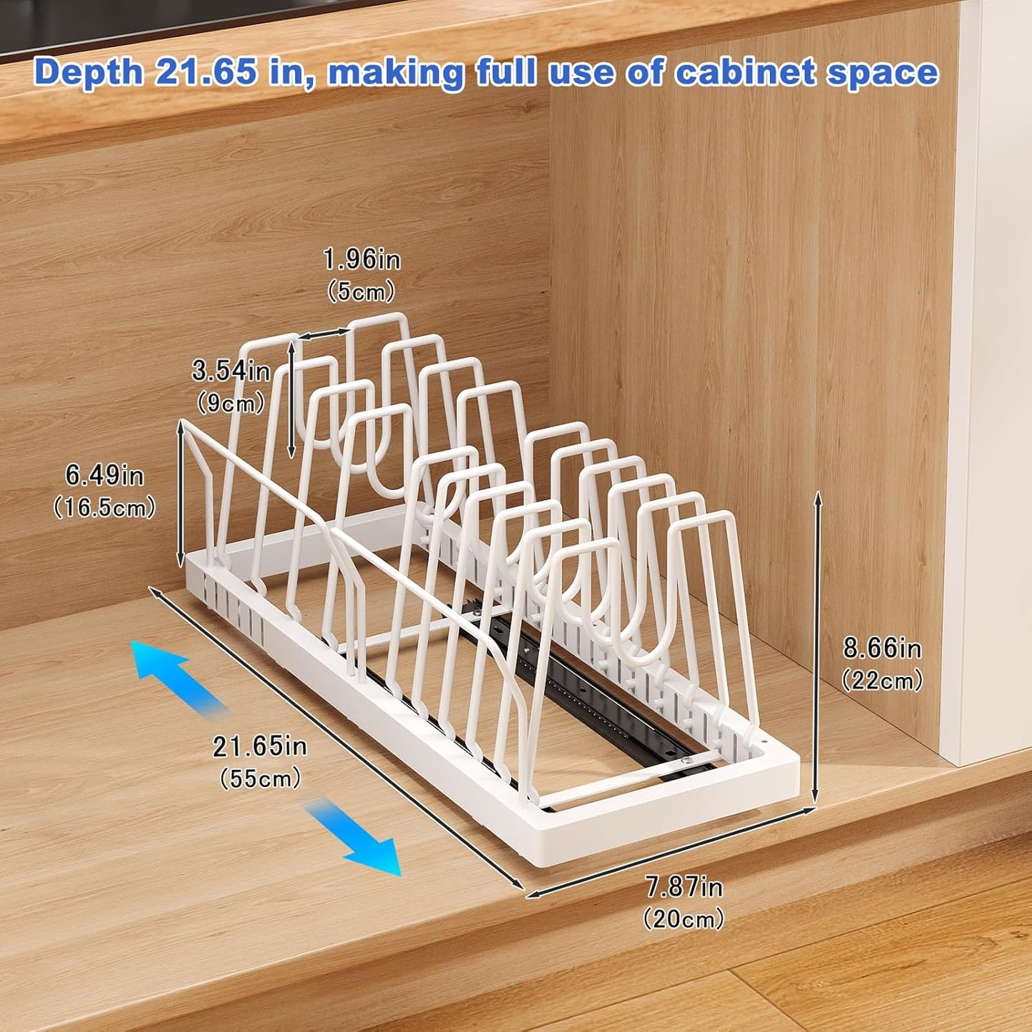 2 Pack Pots and Pans Organizer Under Cabinet, 22" Expandable Food Storage Container Lid Organizers with 9 Adjustable Dividers Pot and Pan Lid Holders Rack Inside Cabinet/Countertop(White)