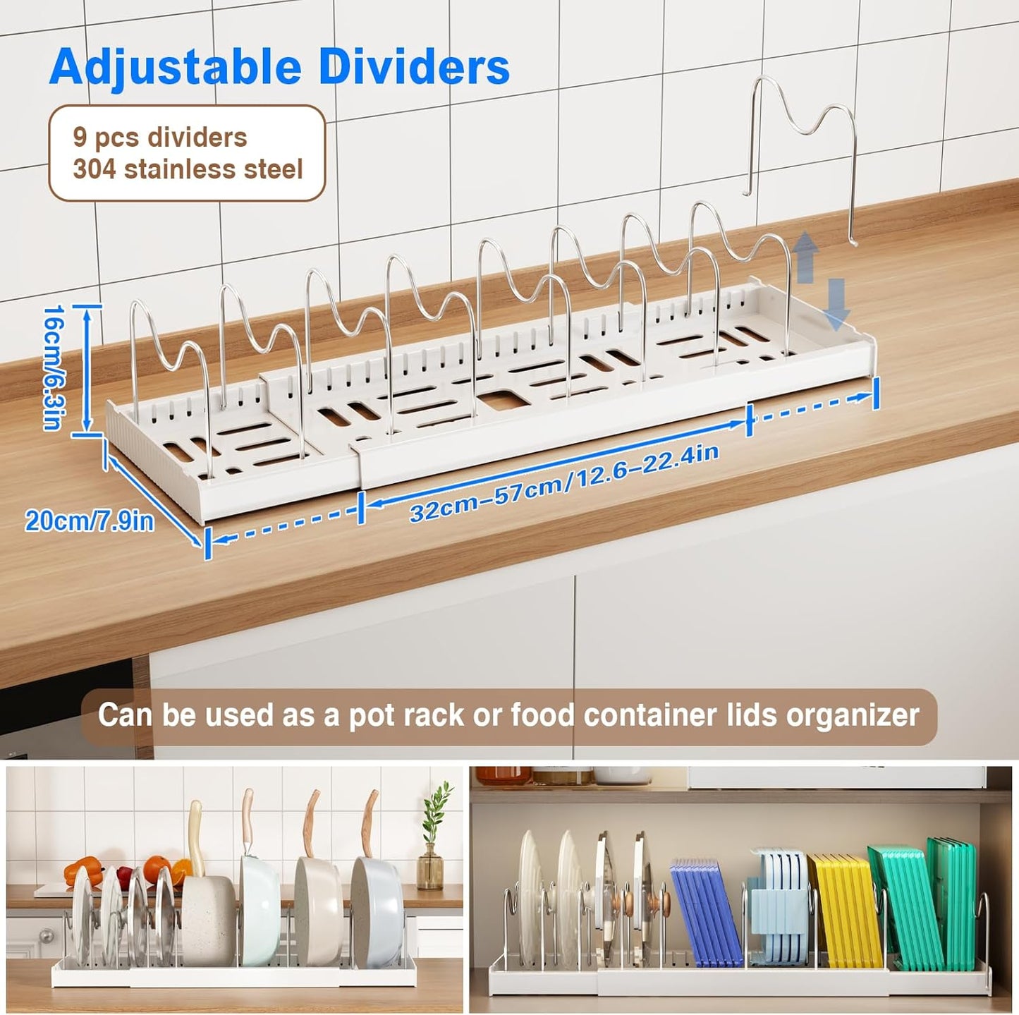 2 Pack Pots and Pans Organizer Under Cabinet, 22" Expandable Food Storage Container Lid Organizers with 9 Adjustable Dividers Pot and Pan Lid Holders Rack Inside Cabinet/Countertop(White)
