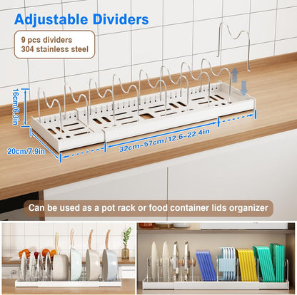 2 Pack Pots and Pans Organizer Under Cabinet, 22" Expandable Food Storage Container Lid Organizers with 9 Adjustable Dividers Pot and Pan Lid Holders Rack Inside Cabinet/Countertop(White)
