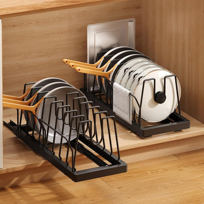2 Pack Pots and Pans Organizer Under Cabinet, 22" Expandable Food Storage Container Lid Organizers with 9 Adjustable Dividers Pot and Pan Lid Holders Rack Inside Cabinet/Countertop(White)