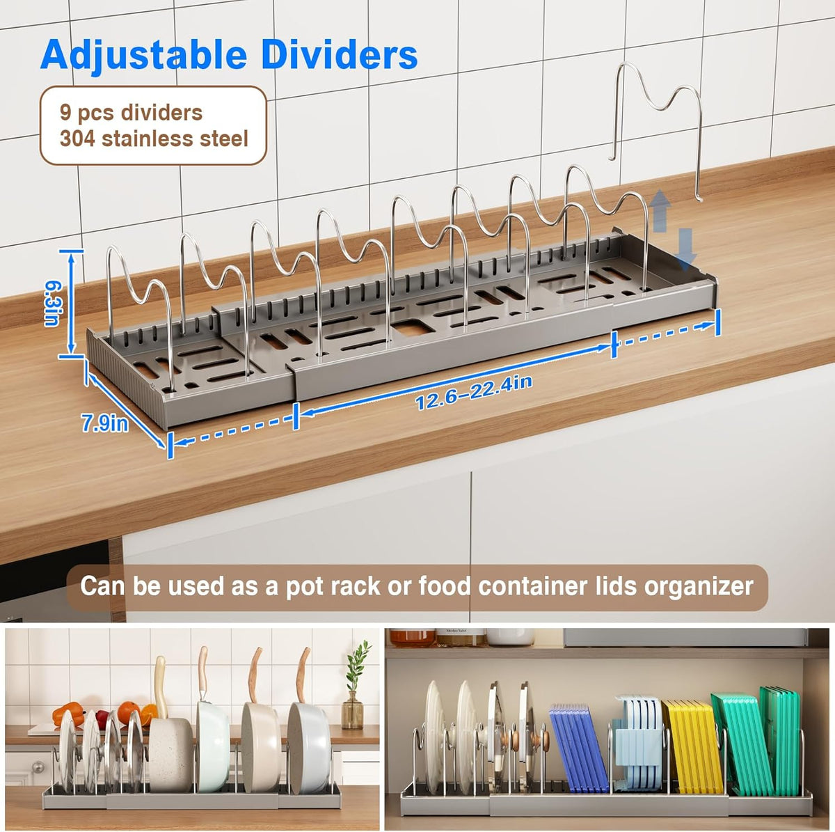2 Pack Pots and Pans Organizer Under Cabinet, 22" Expandable Food Storage Container Lid Organizers with 9 Adjustable Dividers Pot and Pan Lid Holders Rack Inside Cabinet/Countertop(White)
