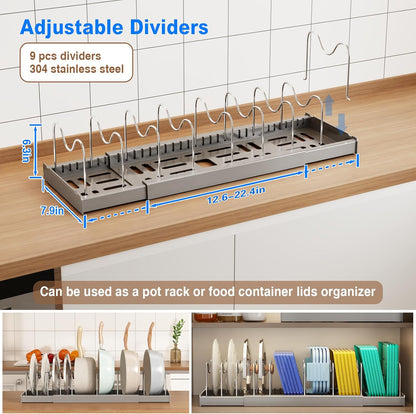 2 Pack Pots and Pans Organizer Under Cabinet, 22" Expandable Food Storage Container Lid Organizers with 9 Adjustable Dividers Pot and Pan Lid Holders Rack Inside Cabinet/Countertop(White)