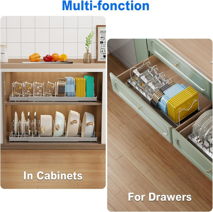 2 Pack Pots and Pans Organizer Under Cabinet, 22" Expandable Food Storage Container Lid Organizers with 9 Adjustable Dividers Pot and Pan Lid Holders Rack Inside Cabinet/Countertop(White)