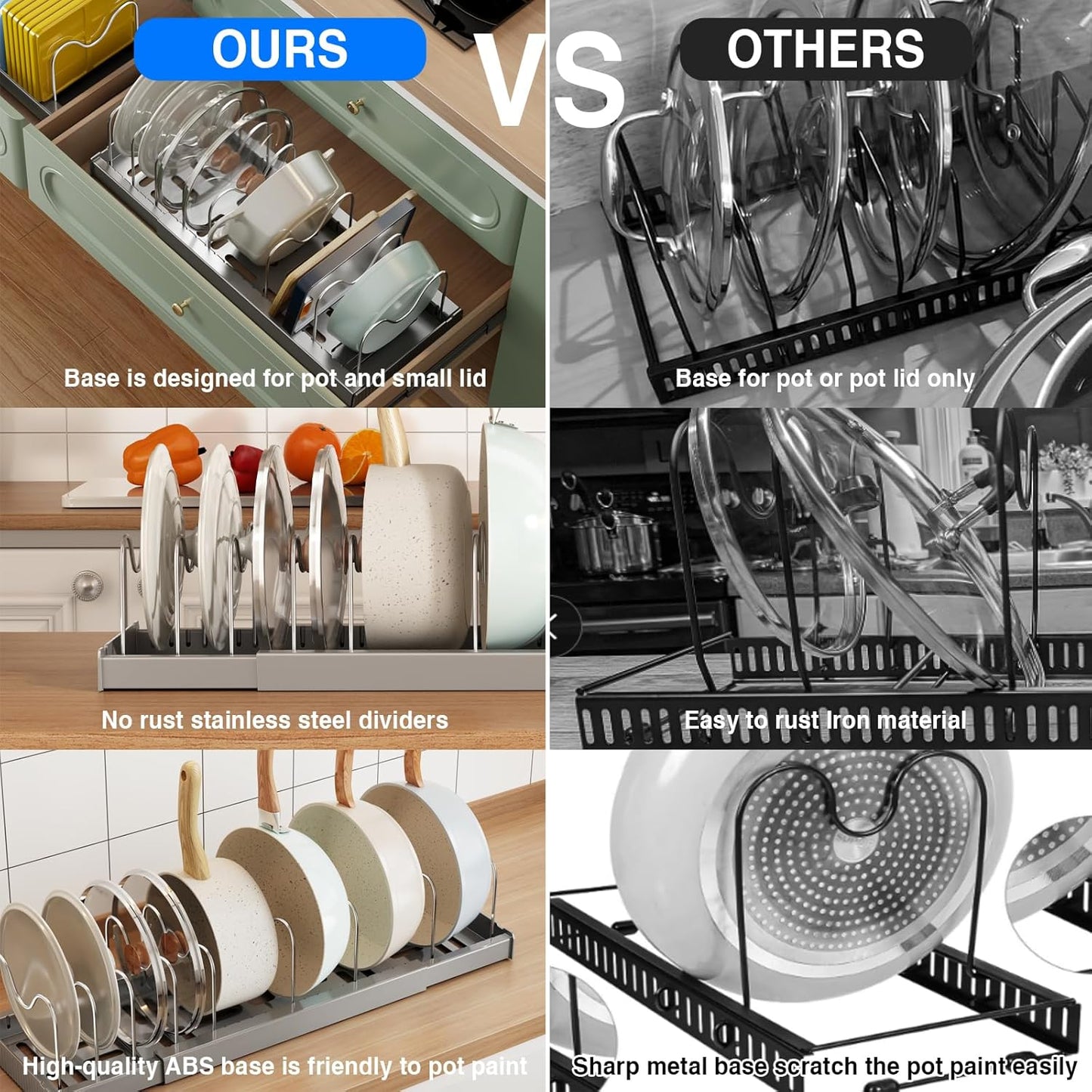 2 Pack Pots and Pans Organizer Under Cabinet, 22" Expandable Food Storage Container Lid Organizers with 9 Adjustable Dividers Pot and Pan Lid Holders Rack Inside Cabinet/Countertop(White)