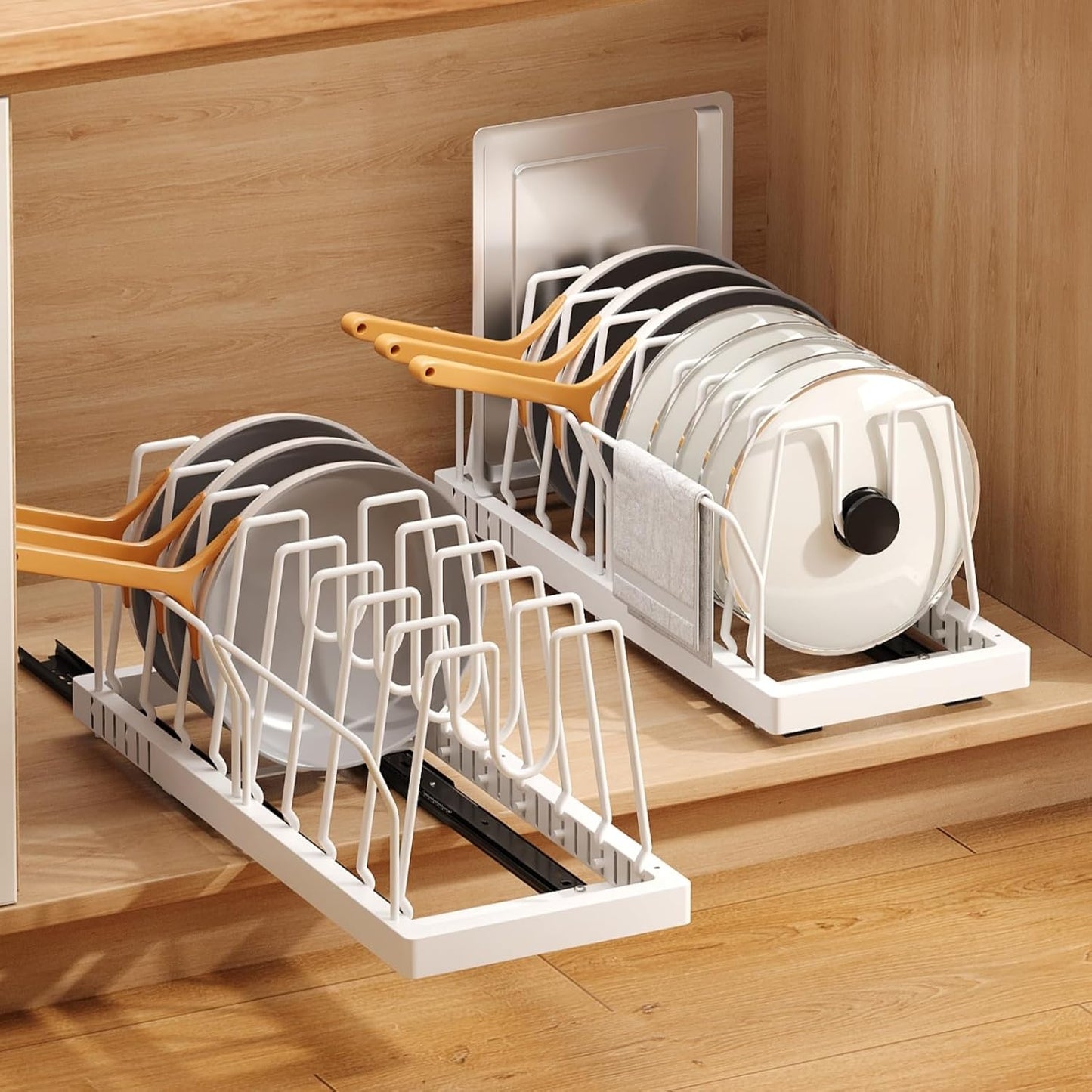 2 Pack Pots and Pans Organizer Under Cabinet, 22" Expandable Food Storage Container Lid Organizers with 9 Adjustable Dividers Pot and Pan Lid Holders Rack Inside Cabinet/Countertop(White)