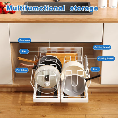 2 Pack Pots and Pans Organizer Under Cabinet, 22" Expandable Food Storage Container Lid Organizers with 9 Adjustable Dividers Pot and Pan Lid Holders Rack Inside Cabinet/Countertop(White)