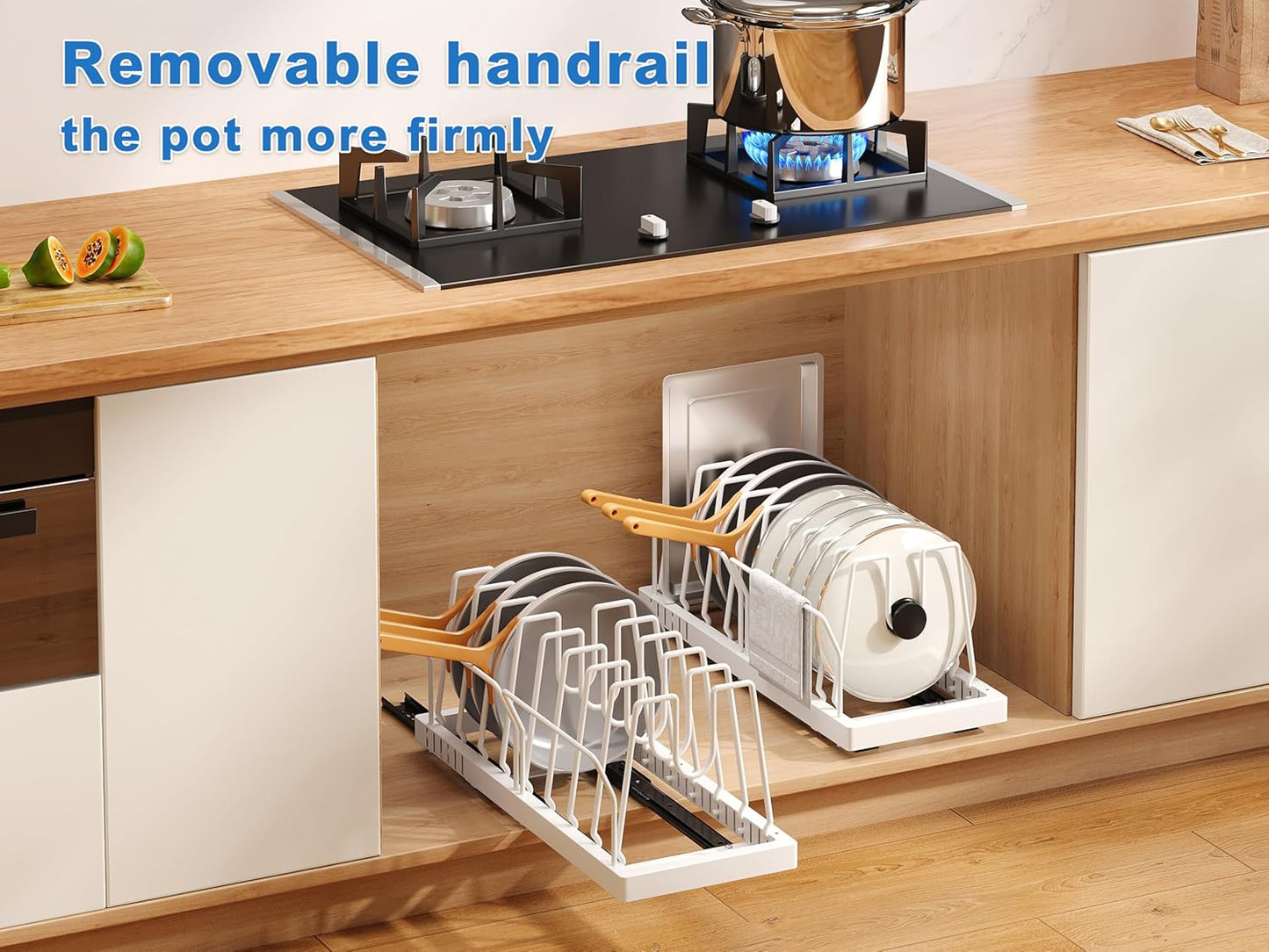 2 Pack Pots and Pans Organizer Under Cabinet, 22" Expandable Food Storage Container Lid Organizers with 9 Adjustable Dividers Pot and Pan Lid Holders Rack Inside Cabinet/Countertop(White)