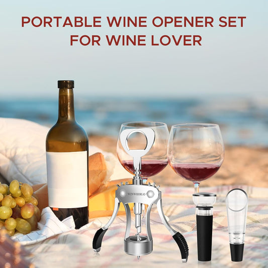 Wine Bottle Opener Gift Set, Zinc Alloy Wing Corkscrew with Vacuum Stopper & Aerator Pourer, Multifunctional Wine Corkscrew for Kitchen, Bar, Party, Camping, BBQ, Wedding, Dinner Gathering
