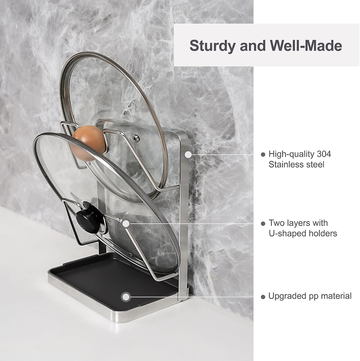 304 Stainless Steel Pot Lid Holder While Cooking, Kitchen Pot Lid Storage Rack for stove top, Multifunctional Kitchen Pot Lid Organizer for Countertop（Silver）