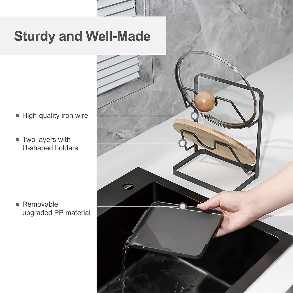 304 Stainless Steel Pot Lid Holder While Cooking, Kitchen Pot Lid Storage Rack for stove top, Multifunctional Kitchen Pot Lid Organizer for Countertop（Silver）