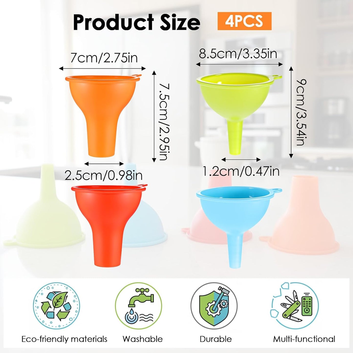 4 Pcs Silicone Kitchen Funnels - Flexible Condiment Sauce Canning Wide Mouth Funnel - Funnels for Kitchen Use Filling Bottles Jars Cans Powder Liquid Spices