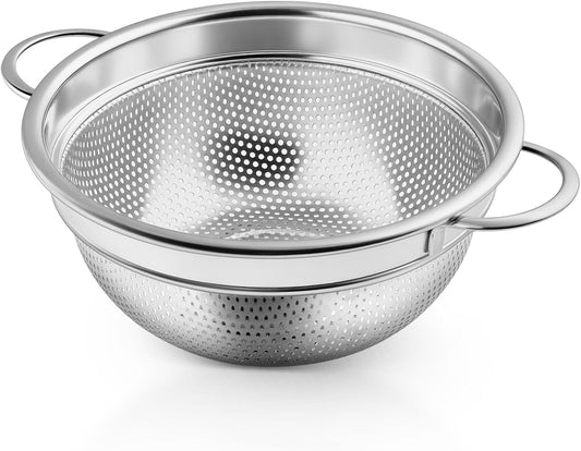 3 Quart Colander Strainer Stainless Steel Kitchen, 1PC | Metal Micro-Perforated Colander for Rinsing Washing Draining, Dishwasher Safe, Shiny Silver