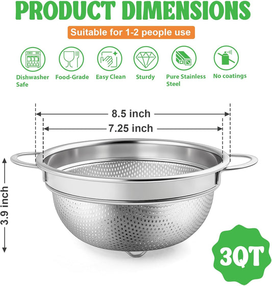 3 Quart Colander Strainer Stainless Steel Kitchen, 1PC | Metal Micro-Perforated Colander for Rinsing Washing Draining, Dishwasher Safe, Shiny Silver