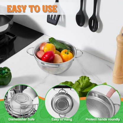 3 Quart Colander Strainer Stainless Steel Kitchen, 1PC | Metal Micro-Perforated Colander for Rinsing Washing Draining, Dishwasher Safe, Shiny Silver