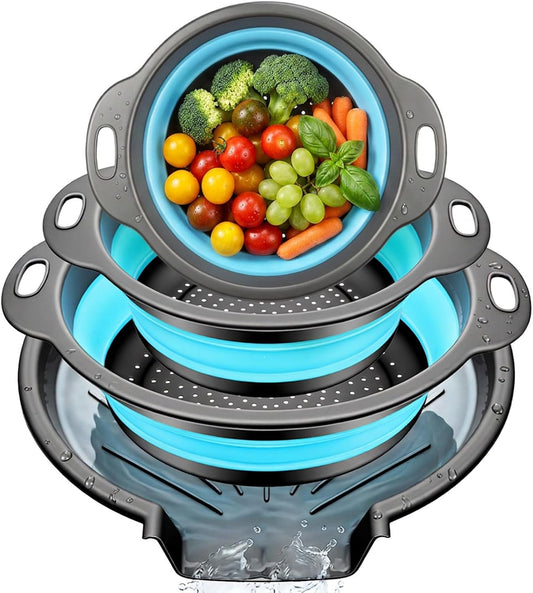 3-Pack Foldable Colander Set with Over-Sink Draining Tray, Foldable Kitchen Strainers, Space Saving Kitchen Drainer for Vegetables, Fruit, Pasta and Rice (Blue&Gray)