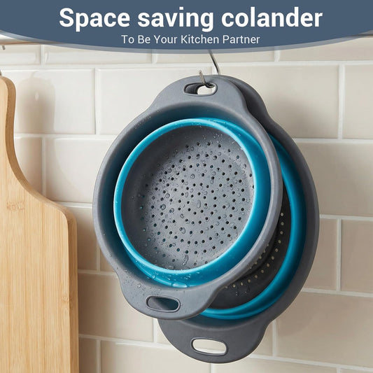 3-Pack Foldable Colander Set with Over-Sink Draining Tray, Foldable Kitchen Strainers, Space Saving Kitchen Drainer for Vegetables, Fruit, Pasta and Rice (Blue&Gray)