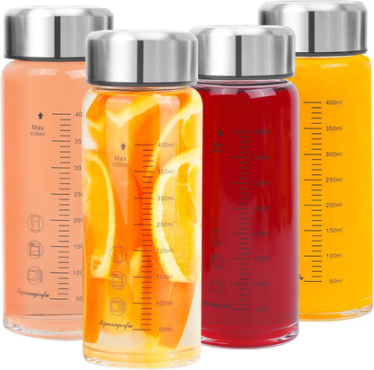 Glass Juice Bottles 16 oz - Wide Mouth Glass Water Bottles with Lids - for Juicing, Smoothies, Milk, Protein, BPA Free, Reusable, Stainless Steel Lids, Leak Proof, Shaker bottle (500 ml)