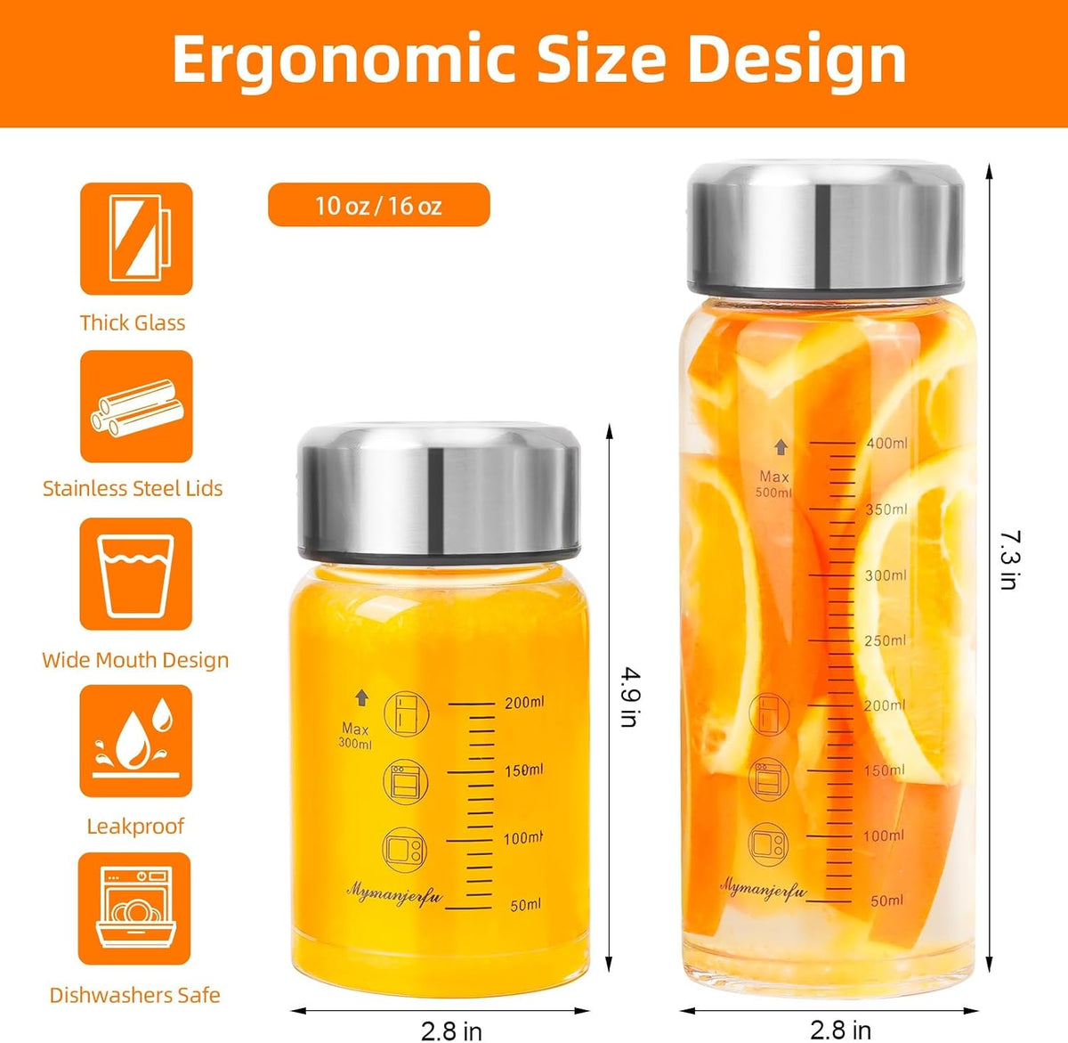 Glass Juice Bottles 16 oz - Wide Mouth Glass Water Bottles with Lids - for Juicing, Smoothies, Milk, Protein, BPA Free, Reusable, Stainless Steel Lids, Leak Proof, Shaker bottle (500 ml)