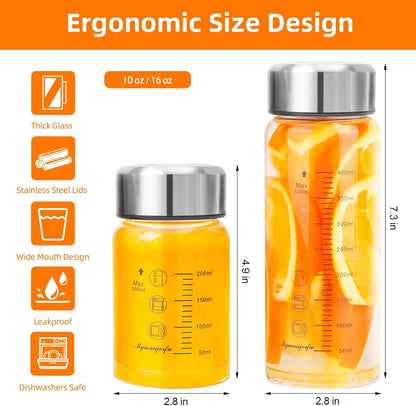 Glass Juice Bottles 16 oz - Wide Mouth Glass Water Bottles with Lids - for Juicing, Smoothies, Milk, Protein, BPA Free, Reusable, Stainless Steel Lids, Leak Proof, Shaker bottle (500 ml)