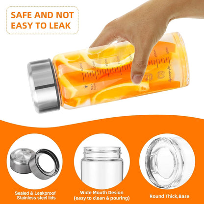 Glass Juice Bottles 16 oz - Wide Mouth Glass Water Bottles with Lids - for Juicing, Smoothies, Milk, Protein, BPA Free, Reusable, Stainless Steel Lids, Leak Proof, Shaker bottle (500 ml)