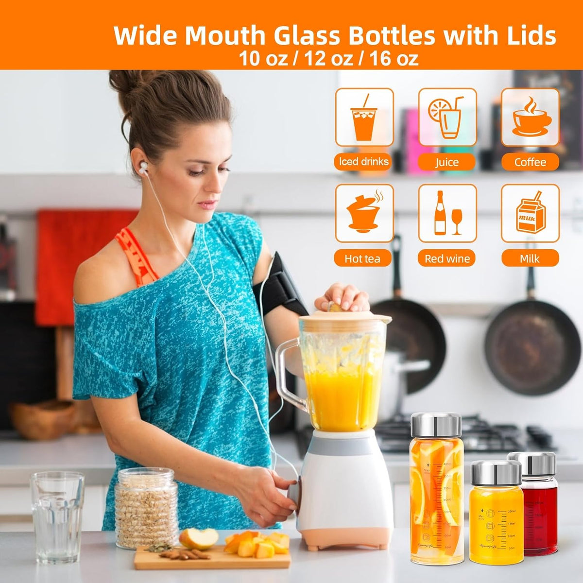 Glass Juice Bottles 16 oz - Wide Mouth Glass Water Bottles with Lids - for Juicing, Smoothies, Milk, Protein, BPA Free, Reusable, Stainless Steel Lids, Leak Proof, Shaker bottle (500 ml)