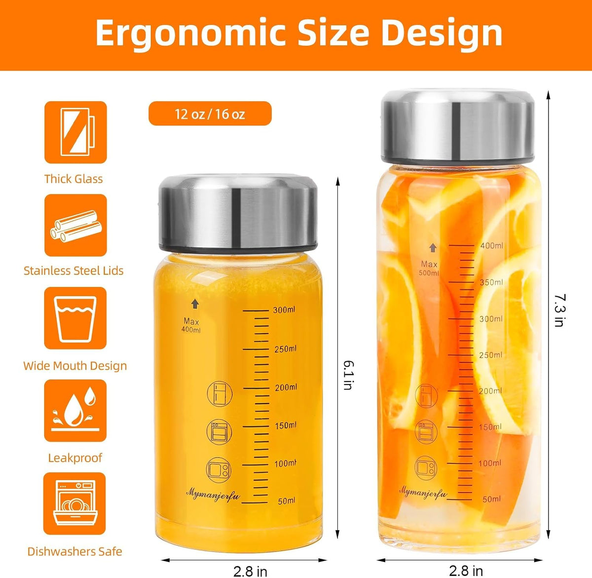 Glass Juice Bottles 16 oz - Wide Mouth Glass Water Bottles with Lids - for Juicing, Smoothies, Milk, Protein, BPA Free, Reusable, Stainless Steel Lids, Leak Proof, Shaker bottle (500 ml)