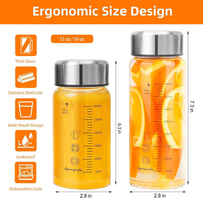 Glass Juice Bottles 16 oz - Wide Mouth Glass Water Bottles with Lids - for Juicing, Smoothies, Milk, Protein, BPA Free, Reusable, Stainless Steel Lids, Leak Proof, Shaker bottle (500 ml)